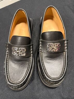 Ganni Black Leather Women's Loafers with Silver-Tone Logo Accent